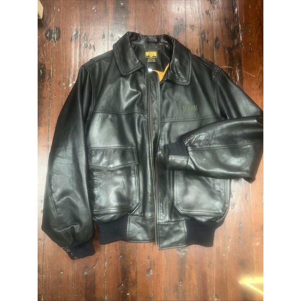 Black Leather Coat Zip Up XL Elastic cuffs & waist Biker Military Magnum Hi-Tec